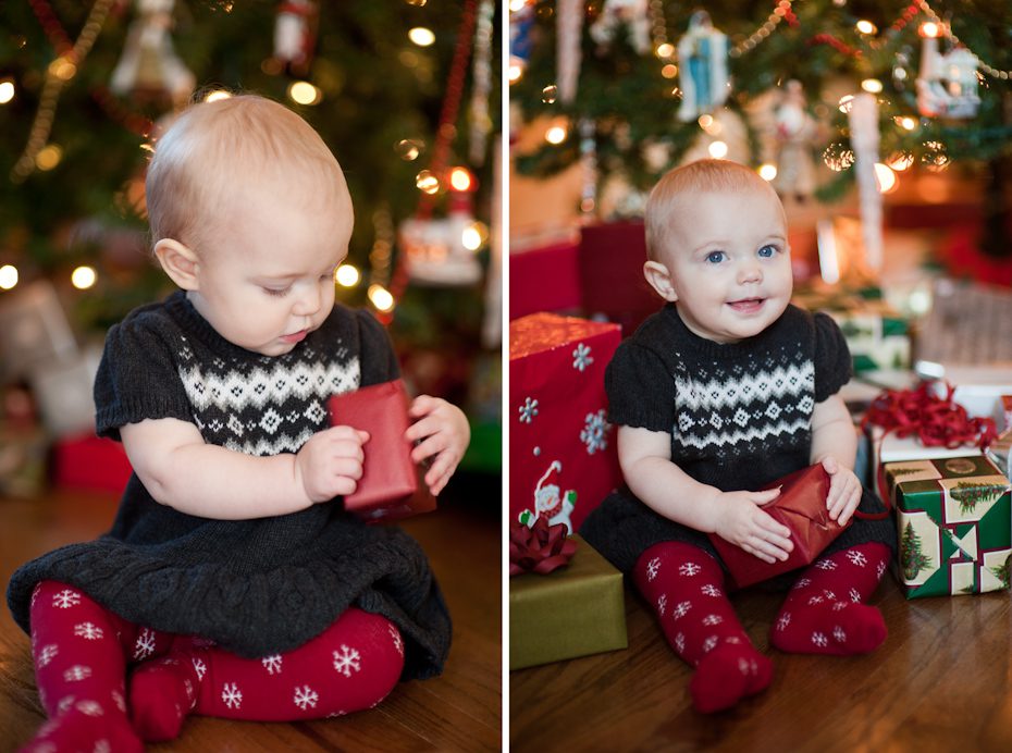 baby picture in front of Christmas tree