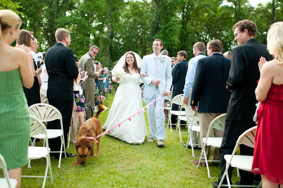 bride and groom with dog