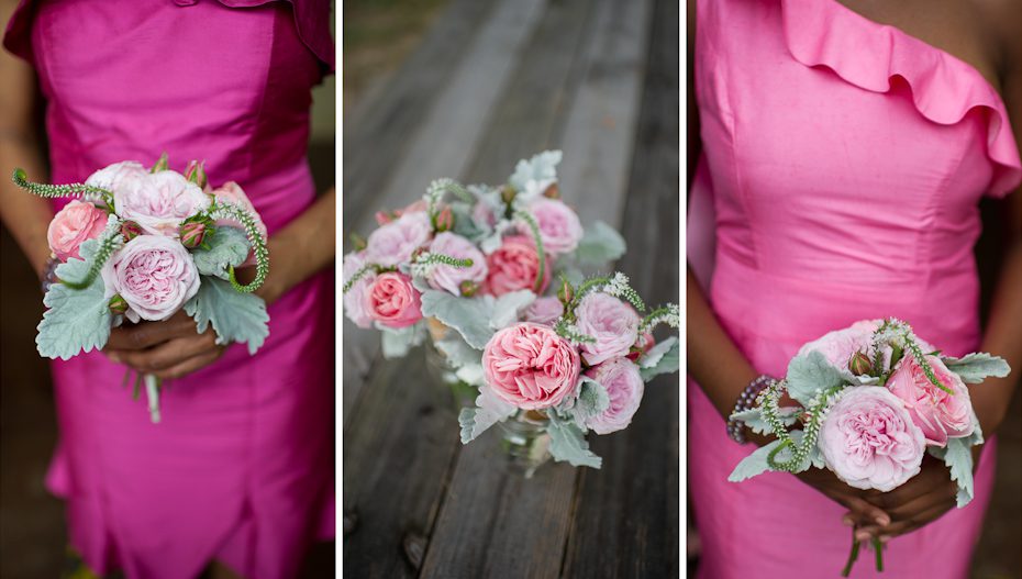 Pink Wedding Bouquet and Bridesmaids dress
