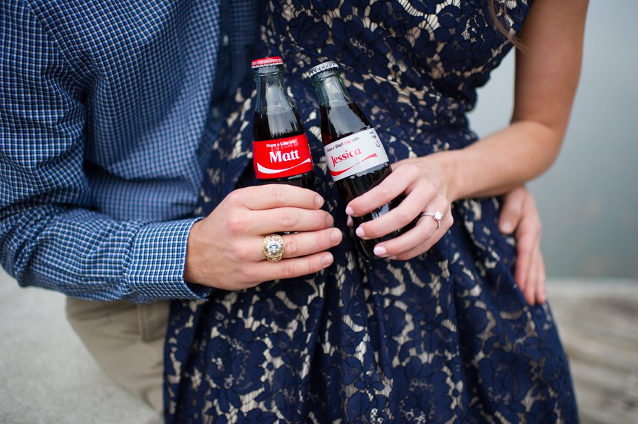 Personalized Coke bottles in engagement photos